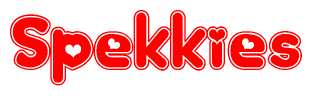 The image is a red and white graphic with the word Spekkies written in a decorative script. Each letter in  is contained within its own outlined bubble-like shape. Inside each letter, there is a white heart symbol.