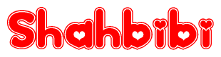The image is a red and white graphic with the word Shahbibi written in a decorative script. Each letter in  is contained within its own outlined bubble-like shape. Inside each letter, there is a white heart symbol.