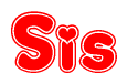 The image is a red and white graphic with the word Sis written in a decorative script. Each letter in  is contained within its own outlined bubble-like shape. Inside each letter, there is a white heart symbol.