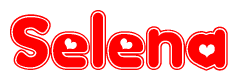 The image is a clipart featuring the word Selena written in a stylized font with a heart shape replacing inserted into the center of each letter. The color scheme of the text and hearts is red with a light outline.