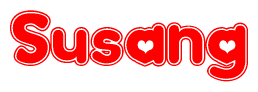 The image is a red and white graphic with the word Susang written in a decorative script. Each letter in  is contained within its own outlined bubble-like shape. Inside each letter, there is a white heart symbol.