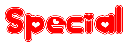 The image is a red and white graphic with the word Special written in a decorative script. Each letter in  is contained within its own outlined bubble-like shape. Inside each letter, there is a white heart symbol.