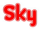 The image is a red and white graphic with the word Sky written in a decorative script. Each letter in  is contained within its own outlined bubble-like shape. Inside each letter, there is a white heart symbol.