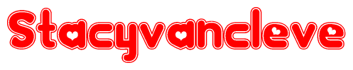 The image is a red and white graphic with the word Stacyvancleve written in a decorative script. Each letter in  is contained within its own outlined bubble-like shape. Inside each letter, there is a white heart symbol.