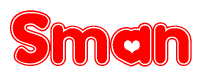 The image is a red and white graphic with the word Sman written in a decorative script. Each letter in  is contained within its own outlined bubble-like shape. Inside each letter, there is a white heart symbol.