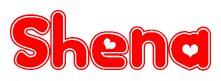 The image is a red and white graphic with the word Shena written in a decorative script. Each letter in  is contained within its own outlined bubble-like shape. Inside each letter, there is a white heart symbol.