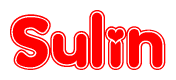 The image is a red and white graphic with the word Sulin written in a decorative script. Each letter in  is contained within its own outlined bubble-like shape. Inside each letter, there is a white heart symbol.