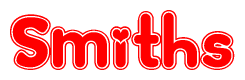 The image is a red and white graphic with the word Smiths written in a decorative script. Each letter in  is contained within its own outlined bubble-like shape. Inside each letter, there is a white heart symbol.