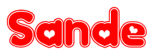 The image is a red and white graphic with the word Sande written in a decorative script. Each letter in  is contained within its own outlined bubble-like shape. Inside each letter, there is a white heart symbol.