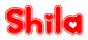 The image is a red and white graphic with the word Shila written in a decorative script. Each letter in  is contained within its own outlined bubble-like shape. Inside each letter, there is a white heart symbol.