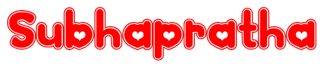 The image displays the word Subhapratha written in a stylized red font with hearts inside the letters.