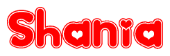 The image is a red and white graphic with the word Shania written in a decorative script. Each letter in  is contained within its own outlined bubble-like shape. Inside each letter, there is a white heart symbol.