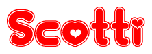 The image is a clipart featuring the word Scotti written in a stylized font with a heart shape replacing inserted into the center of each letter. The color scheme of the text and hearts is red with a light outline.