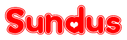 The image is a clipart featuring the word Sundus written in a stylized font with a heart shape replacing inserted into the center of each letter. The color scheme of the text and hearts is red with a light outline.