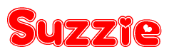 The image is a red and white graphic with the word Suzzie written in a decorative script. Each letter in  is contained within its own outlined bubble-like shape. Inside each letter, there is a white heart symbol.
