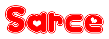The image is a red and white graphic with the word Sarce written in a decorative script. Each letter in  is contained within its own outlined bubble-like shape. Inside each letter, there is a white heart symbol.