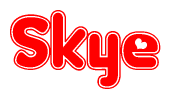 The image is a red and white graphic with the word Skye written in a decorative script. Each letter in  is contained within its own outlined bubble-like shape. Inside each letter, there is a white heart symbol.