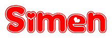 The image is a red and white graphic with the word Simen written in a decorative script. Each letter in  is contained within its own outlined bubble-like shape. Inside each letter, there is a white heart symbol.