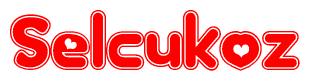   The image is a red and white graphic with the word Selcukoz written in a decorative script. Each letter in  is contained within its own outlined bubble-like shape. Inside each letter, there is a white heart symbol. 