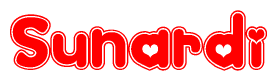 The image is a red and white graphic with the word Sunardi written in a decorative script. Each letter in  is contained within its own outlined bubble-like shape. Inside each letter, there is a white heart symbol.