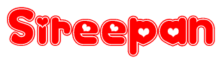 The image is a red and white graphic with the word Sireepan written in a decorative script. Each letter in  is contained within its own outlined bubble-like shape. Inside each letter, there is a white heart symbol.