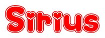 The image is a red and white graphic with the word Sirius written in a decorative script. Each letter in  is contained within its own outlined bubble-like shape. Inside each letter, there is a white heart symbol.