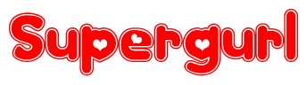 The image is a red and white graphic with the word Supergurl written in a decorative script. Each letter in  is contained within its own outlined bubble-like shape. Inside each letter, there is a white heart symbol.