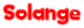 The image is a red and white graphic with the word Solange written in a decorative script. Each letter in  is contained within its own outlined bubble-like shape. Inside each letter, there is a white heart symbol.