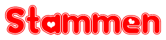 The image is a red and white graphic with the word Stammen written in a decorative script. Each letter in  is contained within its own outlined bubble-like shape. Inside each letter, there is a white heart symbol.