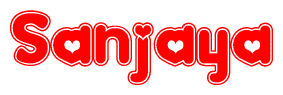 The image is a red and white graphic with the word Sanjaya written in a decorative script. Each letter in  is contained within its own outlined bubble-like shape. Inside each letter, there is a white heart symbol.