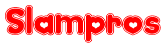 The image is a red and white graphic with the word Slampros written in a decorative script. Each letter in  is contained within its own outlined bubble-like shape. Inside each letter, there is a white heart symbol.