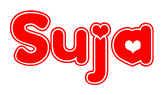The image is a red and white graphic with the word Suja written in a decorative script. Each letter in  is contained within its own outlined bubble-like shape. Inside each letter, there is a white heart symbol.