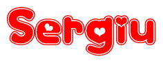 The image is a red and white graphic with the word Sergiu written in a decorative script. Each letter in  is contained within its own outlined bubble-like shape. Inside each letter, there is a white heart symbol.