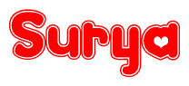 The image is a red and white graphic with the word Surya written in a decorative script. Each letter in  is contained within its own outlined bubble-like shape. Inside each letter, there is a white heart symbol.