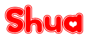 The image is a red and white graphic with the word Shua written in a decorative script. Each letter in  is contained within its own outlined bubble-like shape. Inside each letter, there is a white heart symbol.