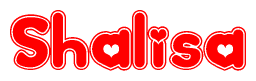 The image is a red and white graphic with the word Shalisa written in a decorative script. Each letter in  is contained within its own outlined bubble-like shape. Inside each letter, there is a white heart symbol.