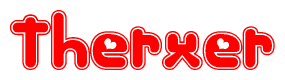The image is a red and white graphic with the word Therxer written in a decorative script. Each letter in  is contained within its own outlined bubble-like shape. Inside each letter, there is a white heart symbol.