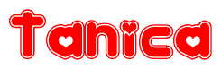 The image is a red and white graphic with the word Tanica written in a decorative script. Each letter in  is contained within its own outlined bubble-like shape. Inside each letter, there is a white heart symbol.
