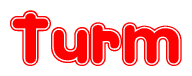 The image is a red and white graphic with the word Turm written in a decorative script. Each letter in  is contained within its own outlined bubble-like shape. Inside each letter, there is a white heart symbol.