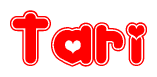 The image is a clipart featuring the word Tari written in a stylized font with a heart shape replacing inserted into the center of each letter. The color scheme of the text and hearts is red with a light outline.