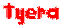 The image is a clipart featuring the word Tyera written in a stylized font with a heart shape replacing inserted into the center of each letter. The color scheme of the text and hearts is red with a light outline.