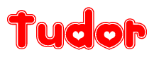 The image is a red and white graphic with the word Tudor written in a decorative script. Each letter in  is contained within its own outlined bubble-like shape. Inside each letter, there is a white heart symbol.