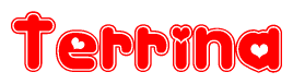 The image is a clipart featuring the word Terrina written in a stylized font with a heart shape replacing inserted into the center of each letter. The color scheme of the text and hearts is red with a light outline.