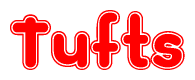 The image is a red and white graphic with the word Tufts written in a decorative script. Each letter in  is contained within its own outlined bubble-like shape. Inside each letter, there is a white heart symbol.