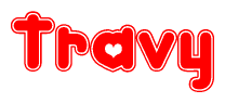 The image is a clipart featuring the word Travy written in a stylized font with a heart shape replacing inserted into the center of each letter. The color scheme of the text and hearts is red with a light outline.