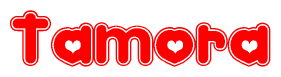 The image is a clipart featuring the word Tamora written in a stylized font with a heart shape replacing inserted into the center of each letter. The color scheme of the text and hearts is red with a light outline.
