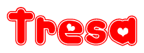 The image is a clipart featuring the word Tresa written in a stylized font with a heart shape replacing inserted into the center of each letter. The color scheme of the text and hearts is red with a light outline.