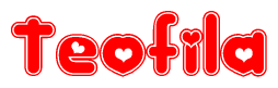The image displays the word Teofila written in a stylized red font with hearts inside the letters.