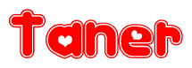 The image is a clipart featuring the word Taner written in a stylized font with a heart shape replacing inserted into the center of each letter. The color scheme of the text and hearts is red with a light outline.