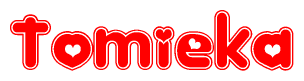 The image is a red and white graphic with the word Tomieka written in a decorative script. Each letter in  is contained within its own outlined bubble-like shape. Inside each letter, there is a white heart symbol.